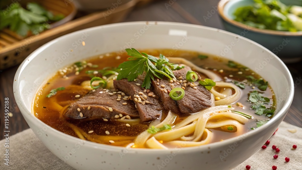 Discovering the rich flavors of beef noodle soup with glistening broth and garnished herbs Discovering the rich flavors of beef noodle soup with glistening broth and garnished herbs