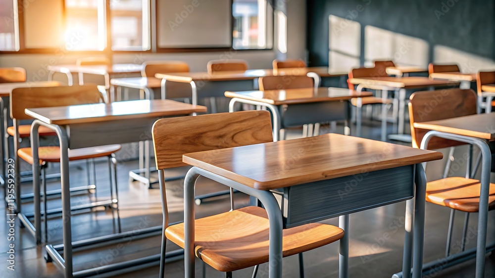 An empty classroom in natural light features rows of wooden desks and chairs An empty classroom in natural light features rows of wooden desks and chairs