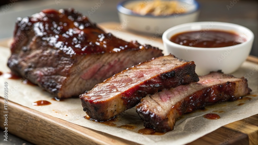 Savory beef ribs served with rich barbecue sauce on a wooden platter in an inviting dining setting Savory beef ribs served with rich barbecue sauce on a wooden platter in an inviting dining setting
