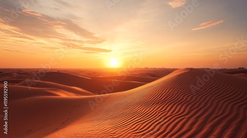 Fototapeta Naklejka Na Ścianę i Meble -  Golden sunset illuminating rolling sand dunes in desert landscape