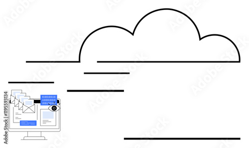 Desktop managing emails, data transfer to cloud. Ideal for cloud storage, communication, security, data sharing, technology services, workflow, abstract line flat metaphor
