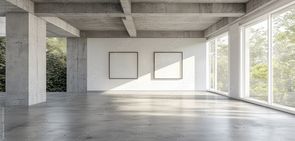 Obraz premium Empty frames in a contemporary gallery with concrete floor.