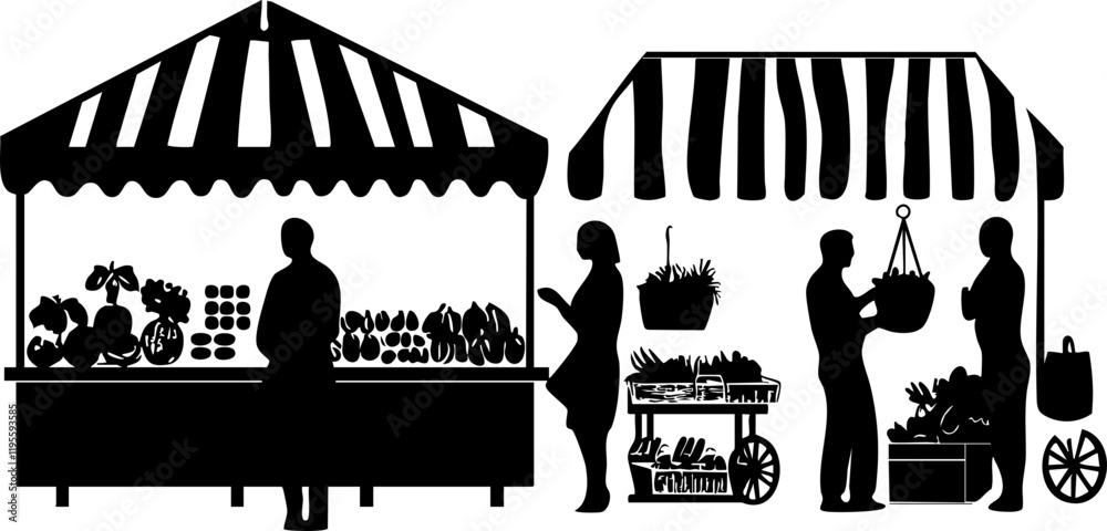 Naklejka premium Silhouette style vector image of market stalls with people, showcasing fresh produce and plants; ideal for promotional materials.