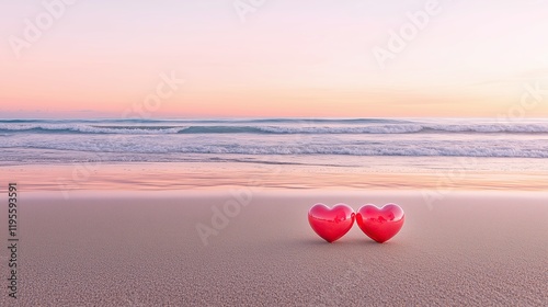 Romantic Red Heart Stones on Sandy Beach, minimalist love concept and symbolic heart design