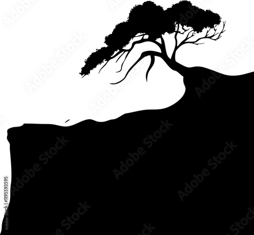Stylized Vector Art: A solitary silhouette of a tree on a cliff's edge, emphasizing solitude and nature's beauty, ideal for serene designs.