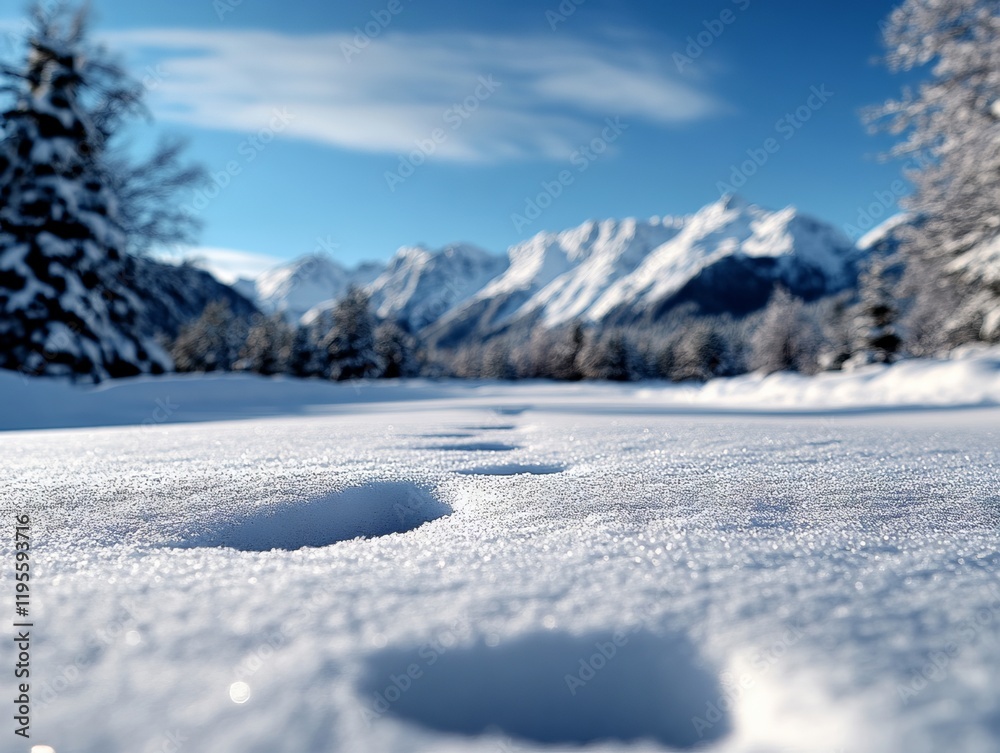 A snow covered field with trees and mountains in the background A snow covered field with trees and mountains in the background