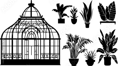 Vector illustration of a greenhouse with various potted plants in black and white, ideal for botanical or home decor designs.
