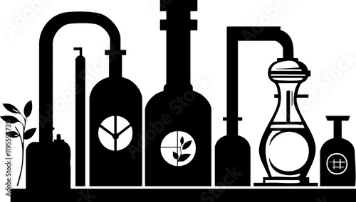 Minimalist vector illustration of laboratory glassware in black and white, ideal for eco-friendly and scientific themes.