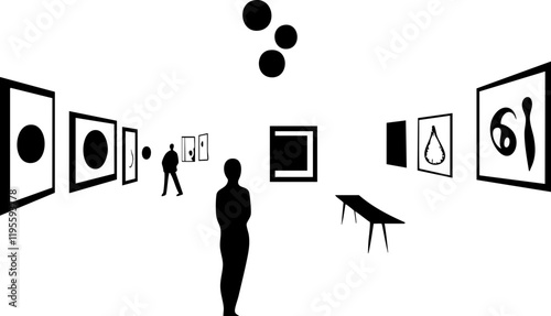 Stylized Vector Art: Museum Interior with Abstract Paintings and Figures in Black and White, Ideal for Art-related Projects