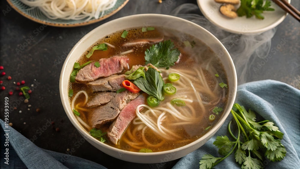 Overhead view of a steaming bowl of beef pho garnished with herbs and spices in a cozy dining setup Overhead view of a steaming bowl of beef pho garnished with herbs and spices in a cozy dining setup