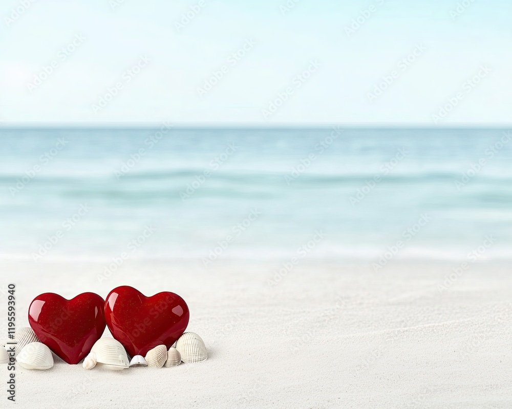 Fototapeta premium Romantic Red Heart Stones on Sandy Beach, minimalist love concept and symbolic heart design