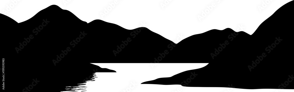 Minimalist Vector Landscape: Silhouette of Mountains and Water in Black and White for Modern Design Projects Minimalist Vector Landscape: Silhouette of Mountains and Water in Black and White for Modern Design Projects