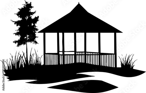 Vector Illustration of a Gazebo Surrounded by Trees and Grass in a Silhouette Style, Ideal for Nature Themes