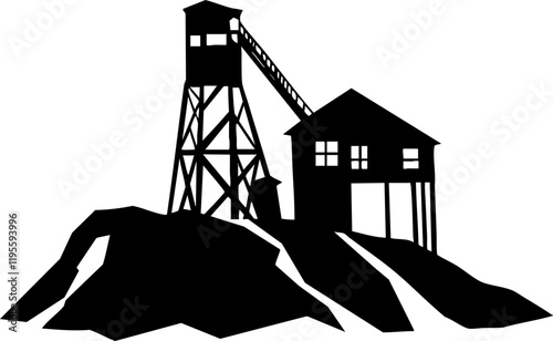 Vector Illustration of a Mine Structure: Detailed silhouette of a mining tower and building on a rocky terrain, ideal for industry graphics.