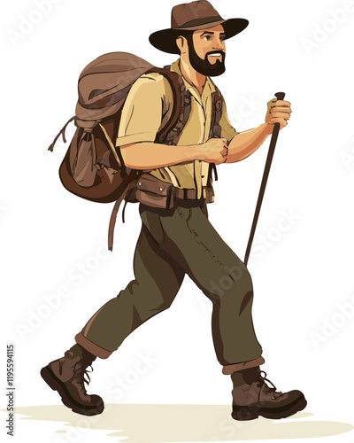 Vector Illustration of a Male Hiker with Backpack and Walking Stick, Ideal for Outdoor Adventure Themes