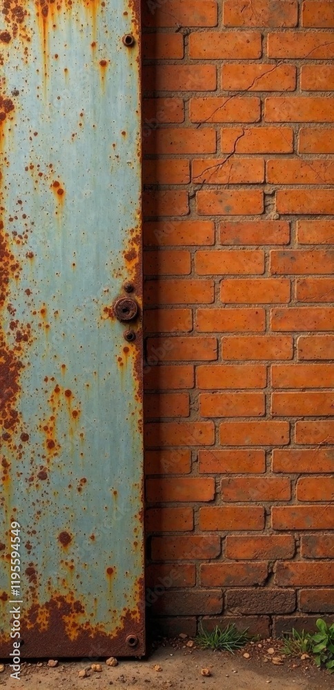 Rustic aged metal panel adjacent to a weathered brick wall, showing texture and decay Rustic aged metal panel adjacent to a weathered brick wall, showing texture and decay