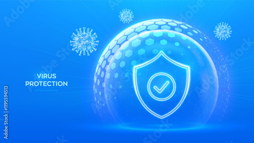 Virus protection. Healthcare. Vaccination. Virus cell. Antibiotic. Protection shield with Check mark icon inside transparent sphere shield with hexagon pattern on blue background. Vector illustration.