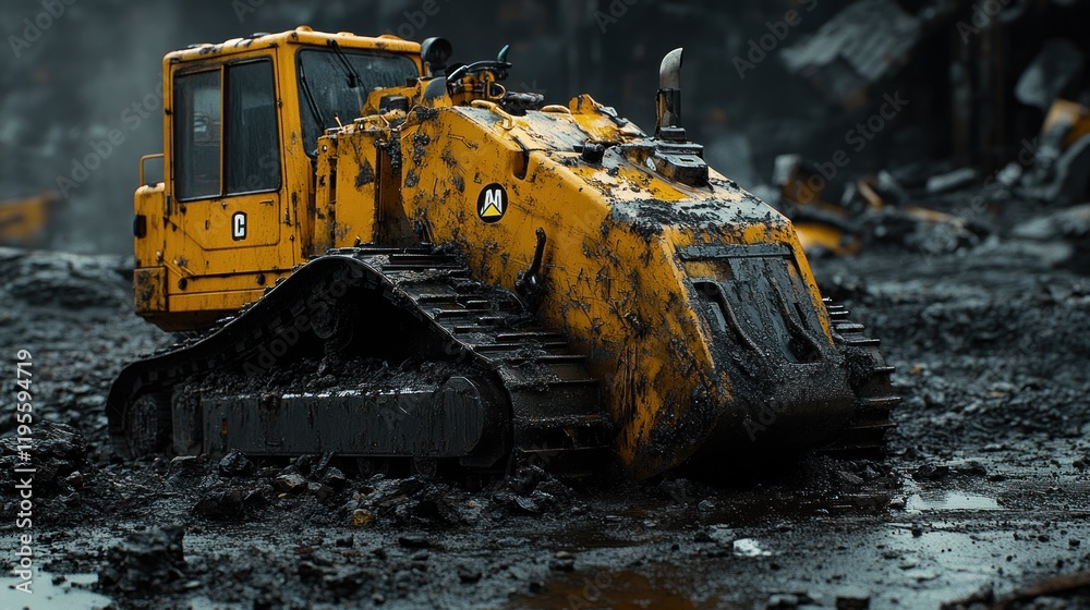Muddy construction vehicle in a demolition site. Muddy construction vehicle in a demolition site.