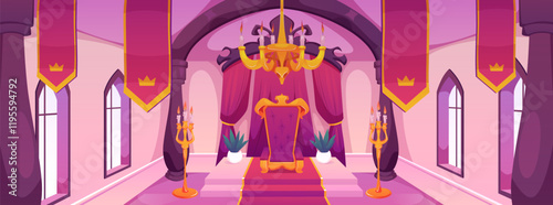 Vector interior of the castle with a throne, tapestries, candlesticks and windows.