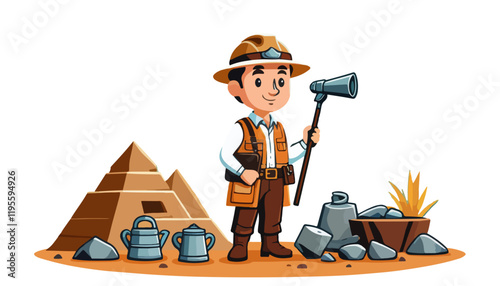 Cartoon Excavation Scene with an Archaeologist
