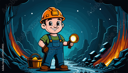 Cheerful Miner Character with Pickaxe and Helmet