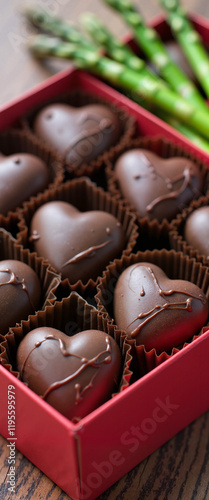 Heart-shaped chocolate candies in a box