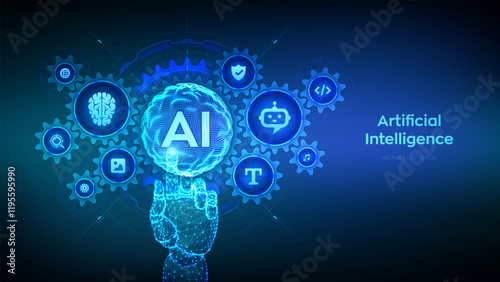 AI. Artificial Intelligence. Machine Learning Concept. Big data. Neural networks. Sphere grid wave. Wireframe hand touching digital interface with connected gears cogs and icons. Vector illustration.