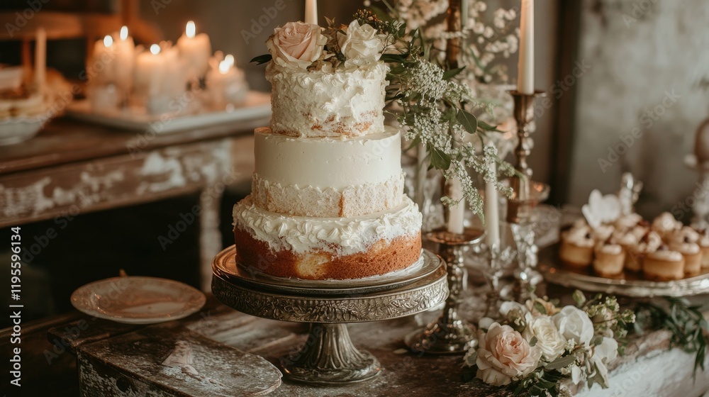 Freshly baked cakes and desserts, displayed on a vintage tray with soft natural lighting and rustic decor Freshly baked cakes and desserts, displayed on a vintage tray with soft natural lighting and rustic decor