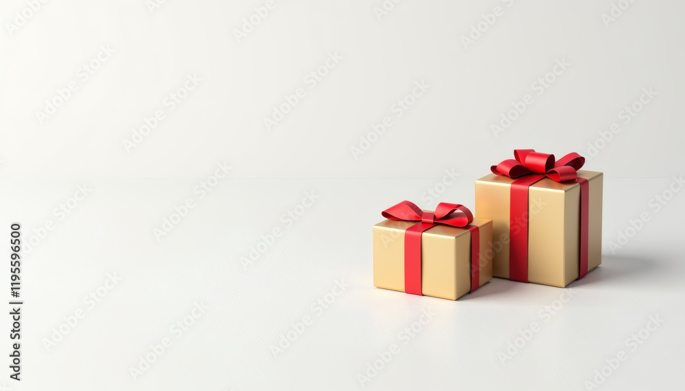 Fototapeta premium Elegant golden gift boxes with red ribbons on white background showcasing elegance and festive atmosphere concept