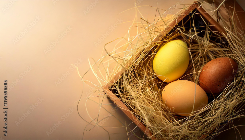 Colorful Easter eggs in a nest made of dry straw, placed on a gradient pastel background. A minimalist composition with empty space for text, ideal as a template for cards or banners. Colorful Easter eggs in a nest made of dry straw, placed on a gradient pastel background. A minimalist composition with empty space for text, ideal as a template for cards or banners.