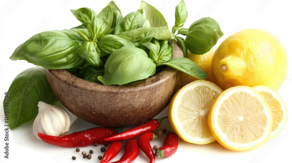 Green basil herbs in a mortar with olive oil, garlic bulbs, red chili peppers, and lemon slices, arranged on a white background for a culinary scene Green basil herbs in a mortar with olive oil, garlic bulbs, red chili peppers, and lemon slices, arranged on a white background for a culinary scene