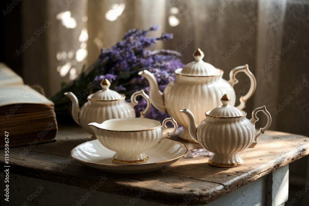 Fototapeta premium Elegant cream tea set with gold accents, complemented by lavender, creates a serene, vintage aesthetic.
