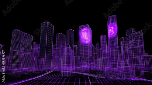 Cyberpunk Cityscape Wireframe Neon Purple