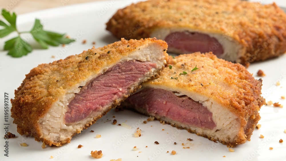 Sliced beef schnitzel showcasing juicy interior on a white plate Sliced beef schnitzel showcasing juicy interior on a white plate
