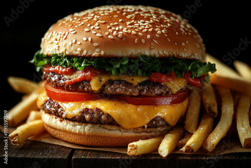 Cheeseburger And Fries Isol...