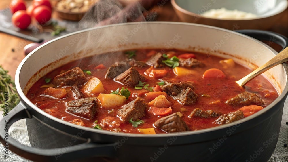 Delicious beef goulash simmering in a large pot with fresh ingredients and herbs during a cozy cooking session Delicious beef goulash simmering in a large pot with fresh ingredients and herbs during a cozy cooking session