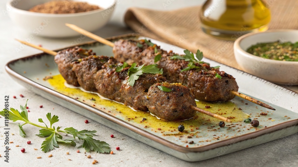 Delicious beef kofta skewers with herbs served on a platter with olive oil and spices Delicious beef kofta skewers with herbs served on a platter with olive oil and spices