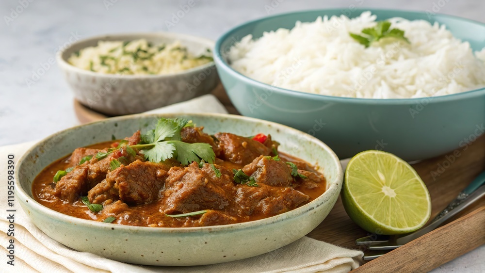 Beef madras curry served with rice and lime wedge in a cozy kitchen setting Beef madras curry served with rice and lime wedge in a cozy kitchen setting
