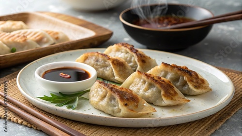 Delicious beef potstickers served with soy sauce and a side of steaming broth
