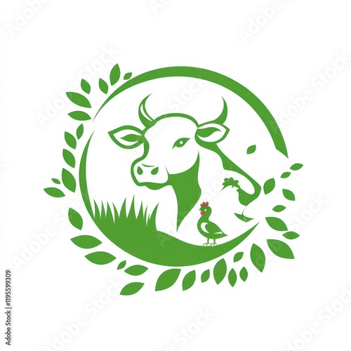 Green farm animal logo with cow, chicken, and leaves photo