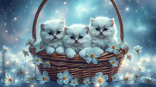 In this visual, the soft curves of a wicker basket cradle playful Persian kittens. The semi-transparent flowers glisten subtly as the bioluminescent environment diffuses a soft glow, adding a sophisti photo