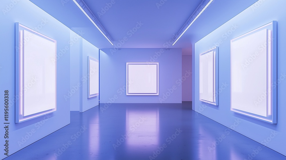 Tranquil art gallery with white frames and blue lighting.