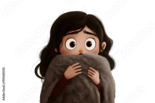 Illustration of a scared young girl clutching a blanket tightly in fear, with big eyes and a worried expression, isolated on white background