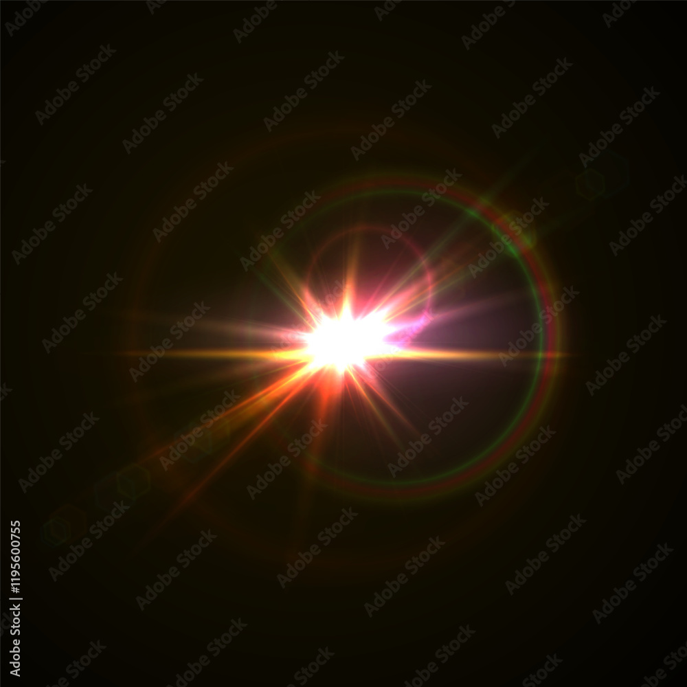 The image shows a multi-colored starlight including sunlight and dawn effect. Rainbow star. The star shines with a rainbow of red yellow and blue colors. Optical effect of fire light. Vector lens The image shows a multi-colored starlight including sunlight and dawn effect. Rainbow star. The star shines with a rainbow of red yellow and blue colors. Optical effect of fire light. Vector lens