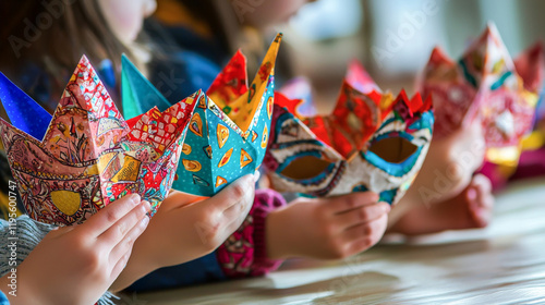 Children Crafting Colorful Masks for Purim Celebration, Concept of Creativity, Festive Art photo