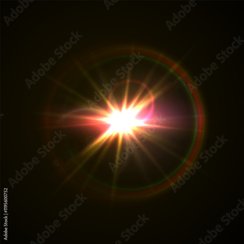 Light flare, shine flash sparkle or star glow ray or beam, realistic vector sunlight. Light glare with blur or bokeh flare effect background, shiny spark or bright starlight with lens flare effect