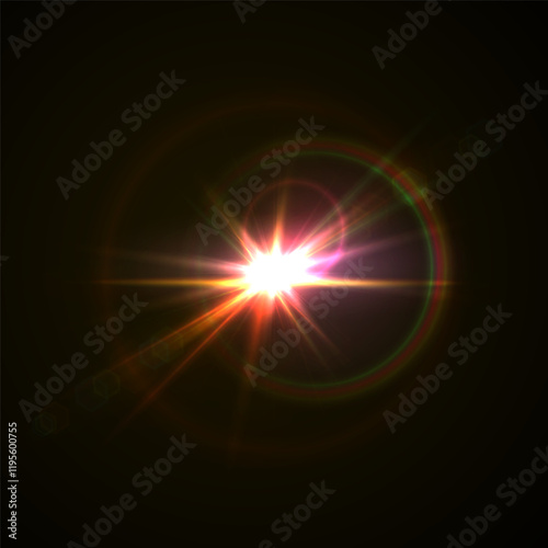 The image shows a multi-colored starlight including sunlight and dawn effect. Rainbow star. The star shines with a rainbow of red yellow and blue colors. Optical effect of fire light. Vector lens