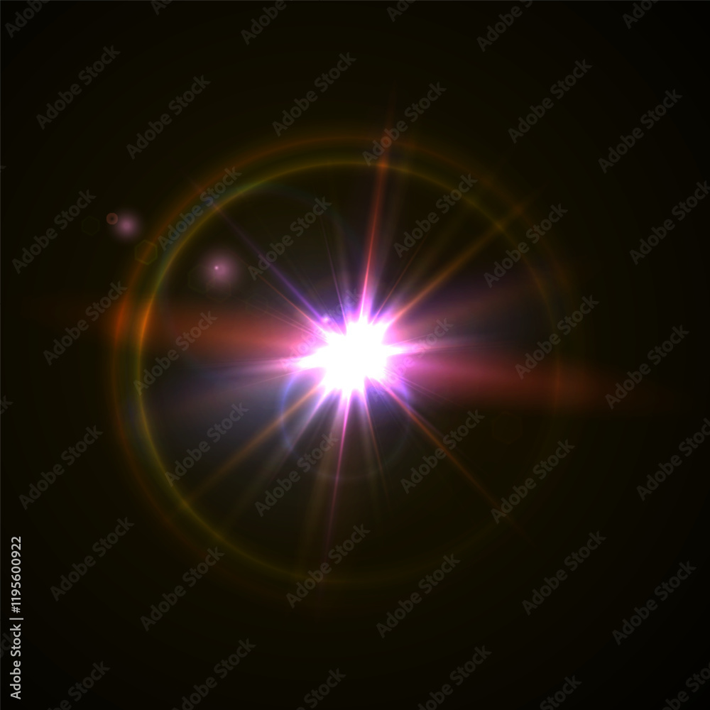 Obraz premium Flash Light Star Effects: Sunny Sparkles, Flash Beams, and Abstract Lens Glows with Bokeh and Dust. Isolated Lighting Elements for Vector Illustrations and Design Concepts