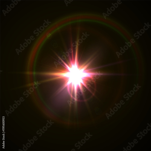 Flash Light Star Effects: Sunny Sparkles, Flash Beams, and Abstract Lens Glows with Bokeh and Dust. Isolated Lighting Elements for Vector Illustrations and Design Concepts