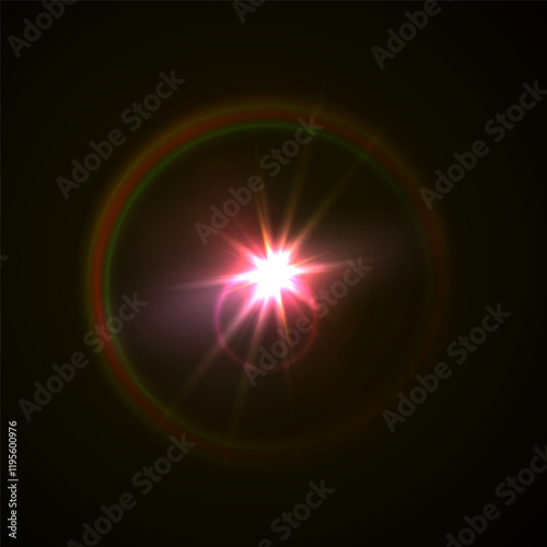 Light flare, shine flash sparkle or star glow ray or beam, realistic vector sunlight. Light glare with blur or bokeh flare effect background, shiny spark or bright starlight with lens flare effect